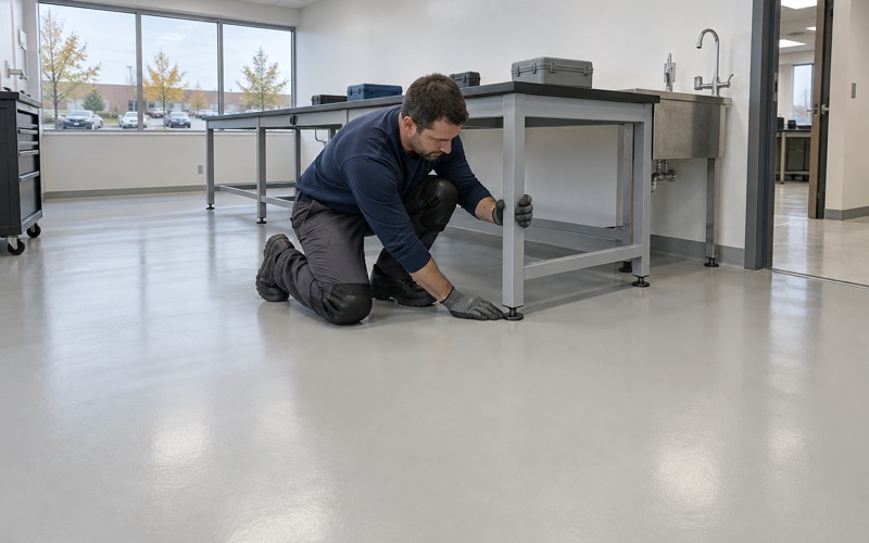 A seamless coved epoxy floor under the benches of a testing laboratory in a one-story Lombard flex building.