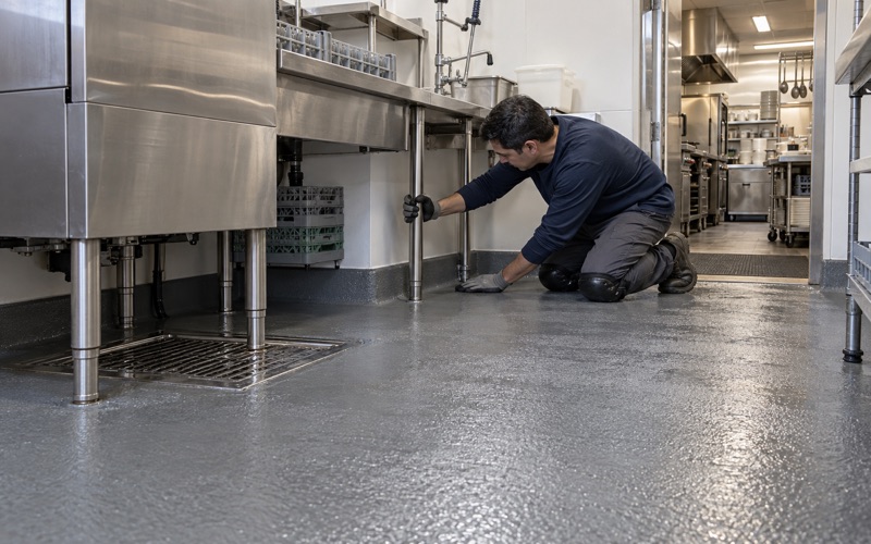 A slip-resistant urethane cement floor coved into the walls of a Lombard restaurant dish room, falling to a floor sink under the dish machine.