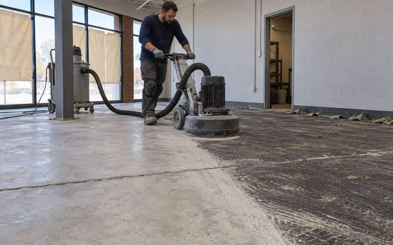 A planetary grinder taking old carpet adhesive off the slab of a Lombard retail tenant space, the dust drawn straight into the extractor.