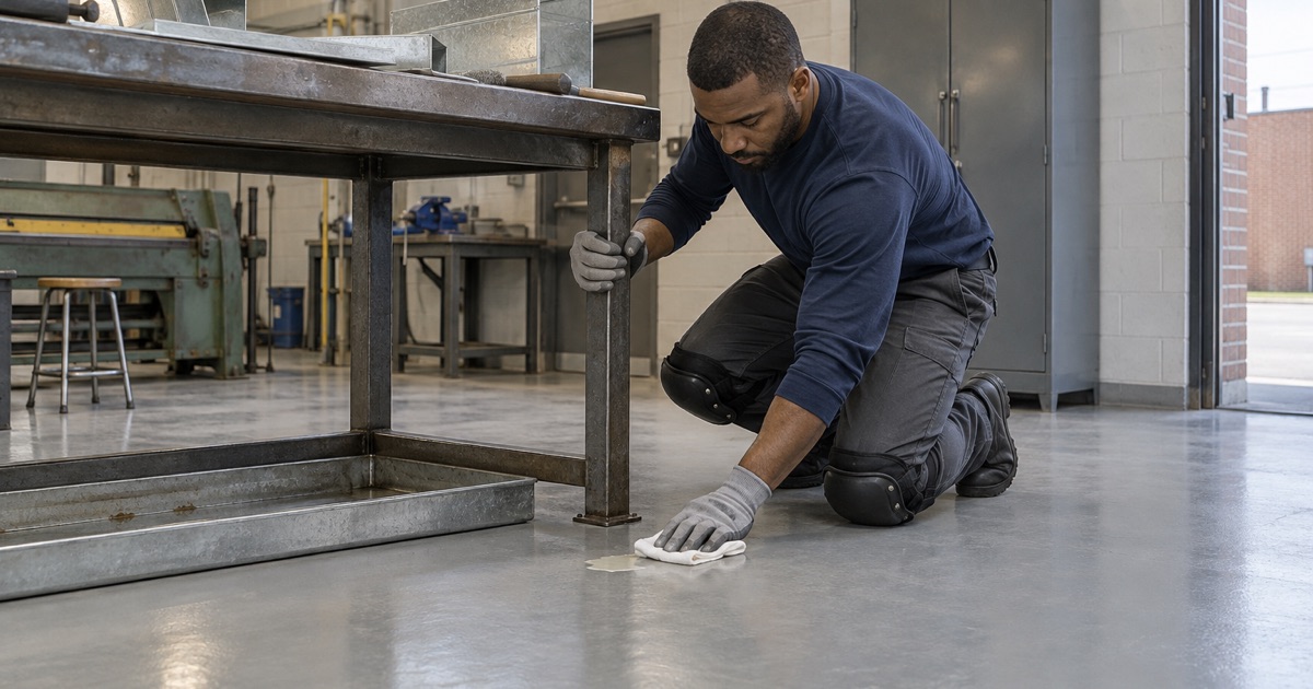 A drip tray under a soldering bench in a Bellwood sheet metal training shop, flux residue kept off a sealed gray floor.