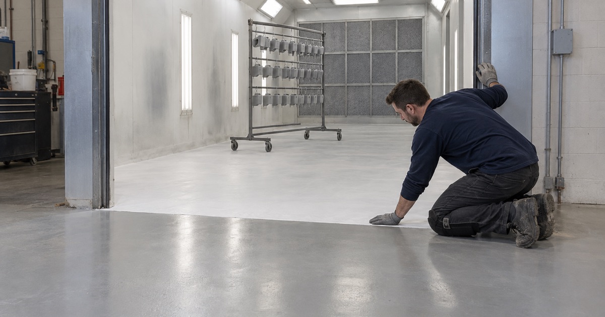 A smooth, dense sealed floor under a white peelable booth coating in a Bensenville plastic finishing shop’s spray booth.