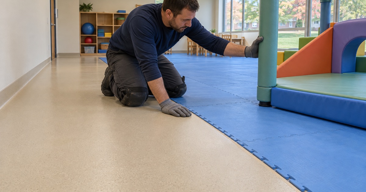 A Brookfield playroom where the coated floor stops at a flush edge and soft mats take over under the climbing equipment