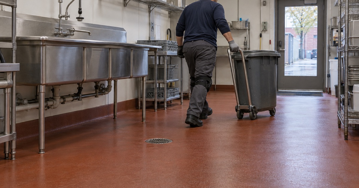A seamless, nonabsorbent resin floor in the back room of a Forest Park bar and kitchen, with no grout lines to hide a cleanup