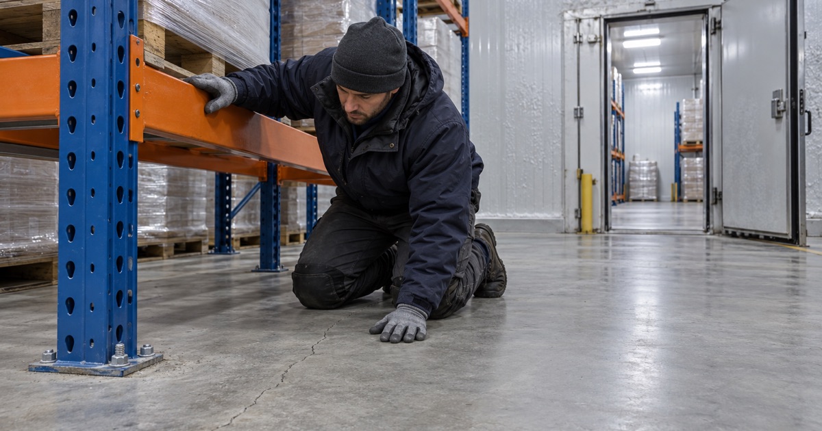 A hairline crack read on the floor of a minus-20 freezer room in a Franklin Park cold storage building before any coating work.
