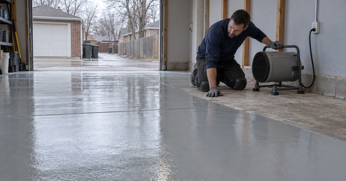 A detached garage in La Grange Park being coated over a sound slab, work the village exempts from a permit