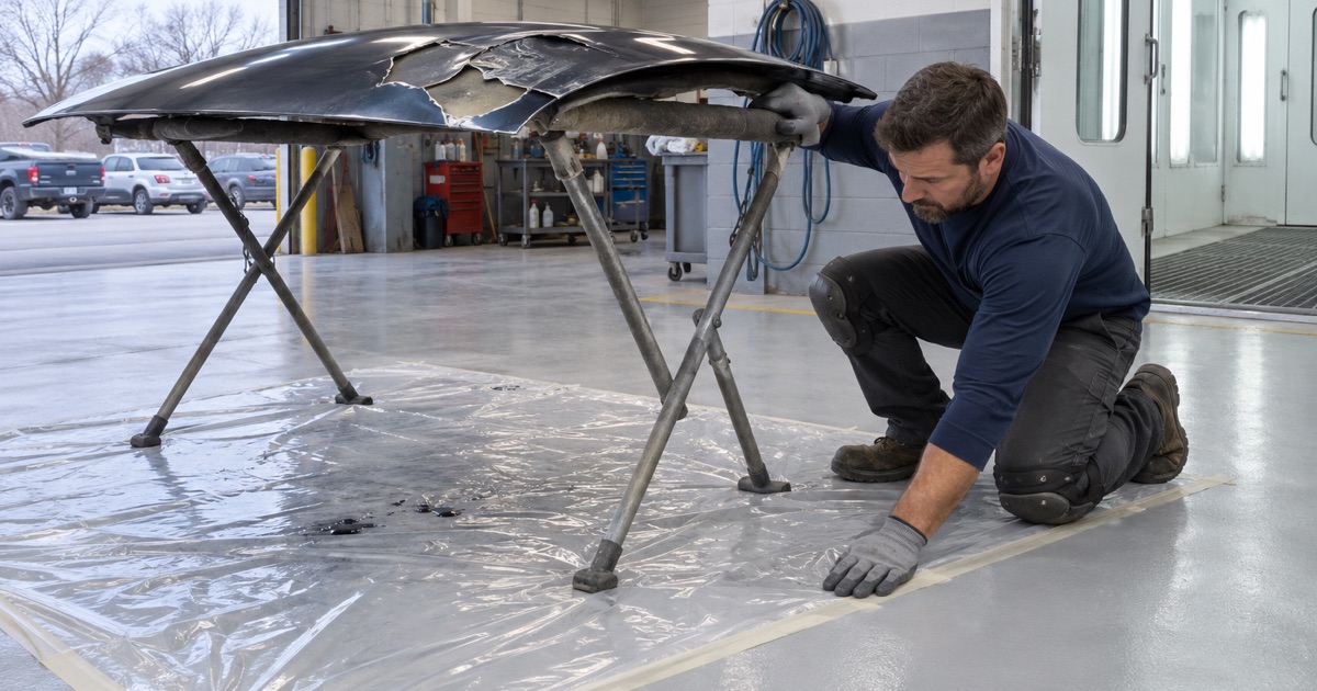A car hood being stripped on padded stands over a sacrificial sheet in a Lemont body shop, so the stripper never touches the floor coating.