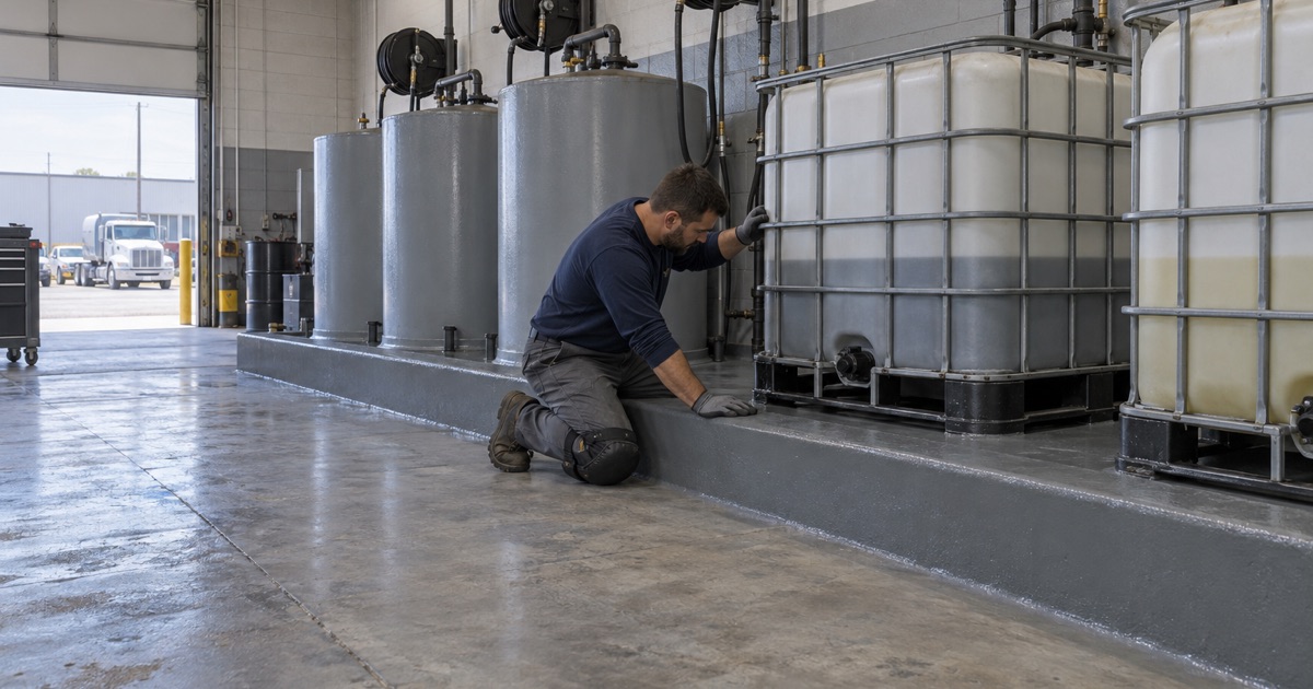 A curbed lube room in a Lyons truck service shop, the floor and curb coated as one sealed system under the bulk oil tanks.