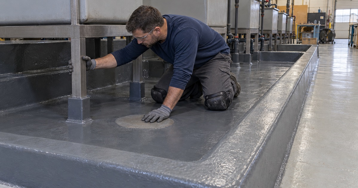 Process tanks standing inside a coated concrete containment dike in a Northlake metal finishing shop, with no floor drain inside it.