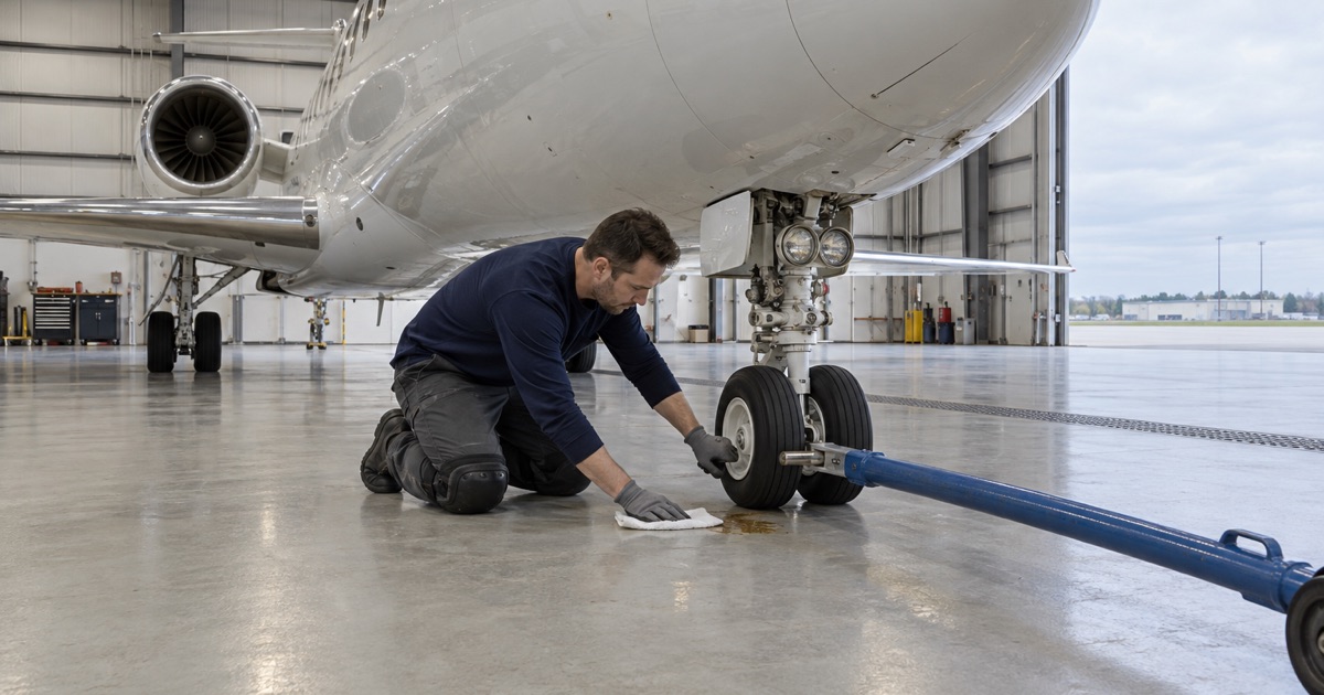 A hydraulic fluid drip being lifted with an absorbent pad from a coated business-jet hangar floor in Prospect Heights.