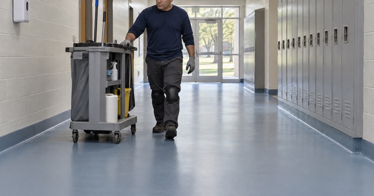 A hard, sealed corridor floor under a hand-sanitizer dispenser in a River Forest school