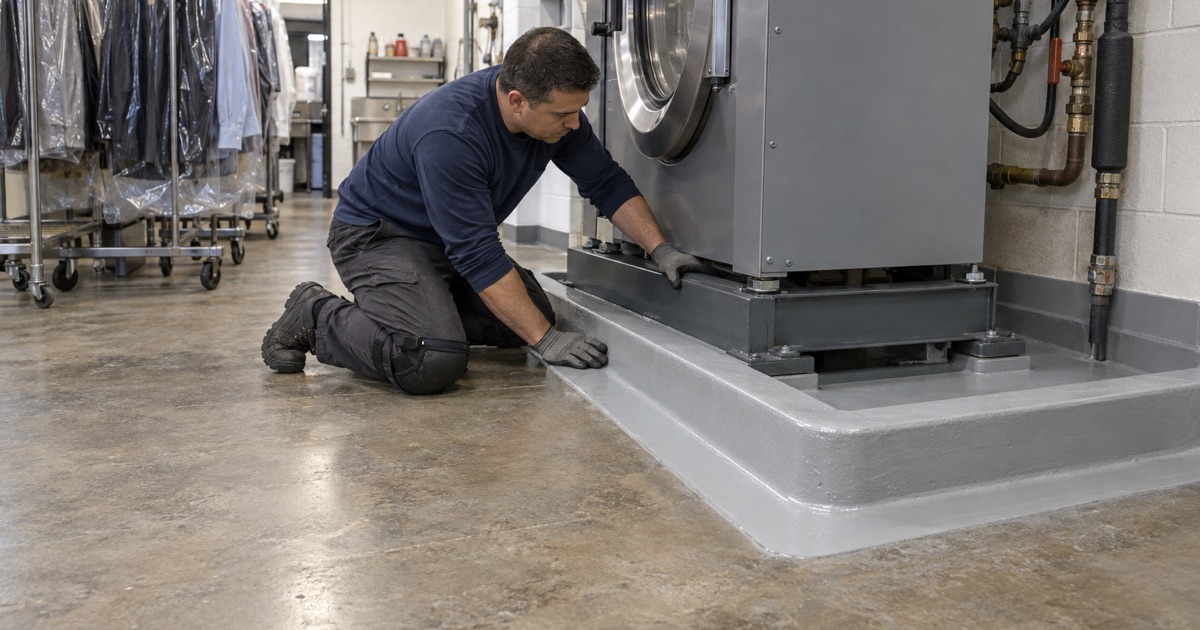 A drycleaning machine standing inside a coated containment dike in a River Grove cleaner’s plant, the coating continuous up the curb.