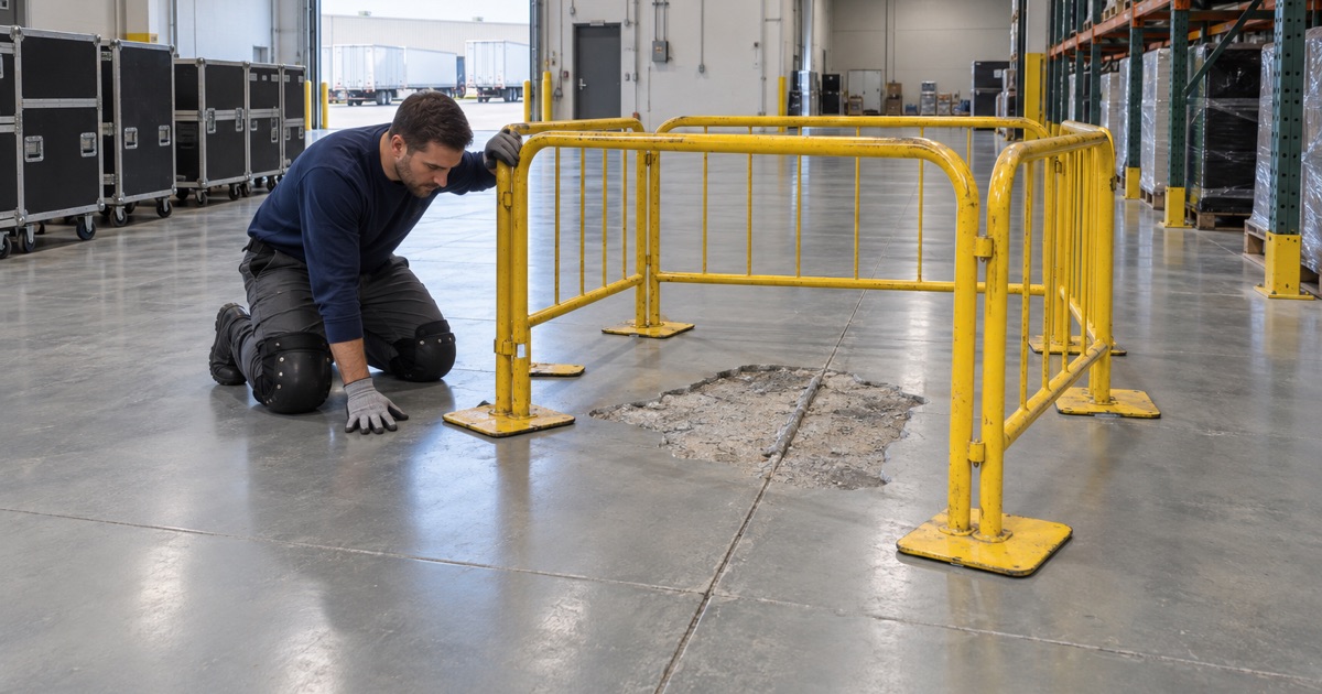 A damaged patch of floor guarded by a portable barrier in a busy Schiller Park event-equipment warehouse until it can be repaired.