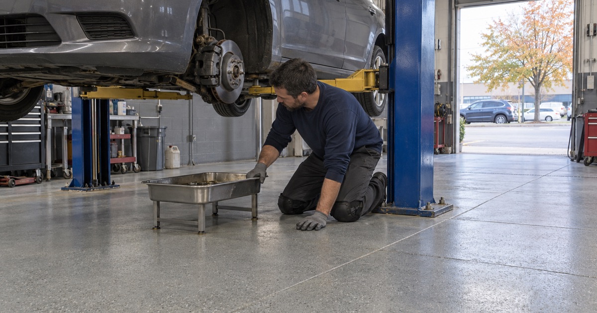 A catch basin set under a brake assembly on a coated shop floor in a Summit auto repair shop, so dust and cleaner never reach the coating.