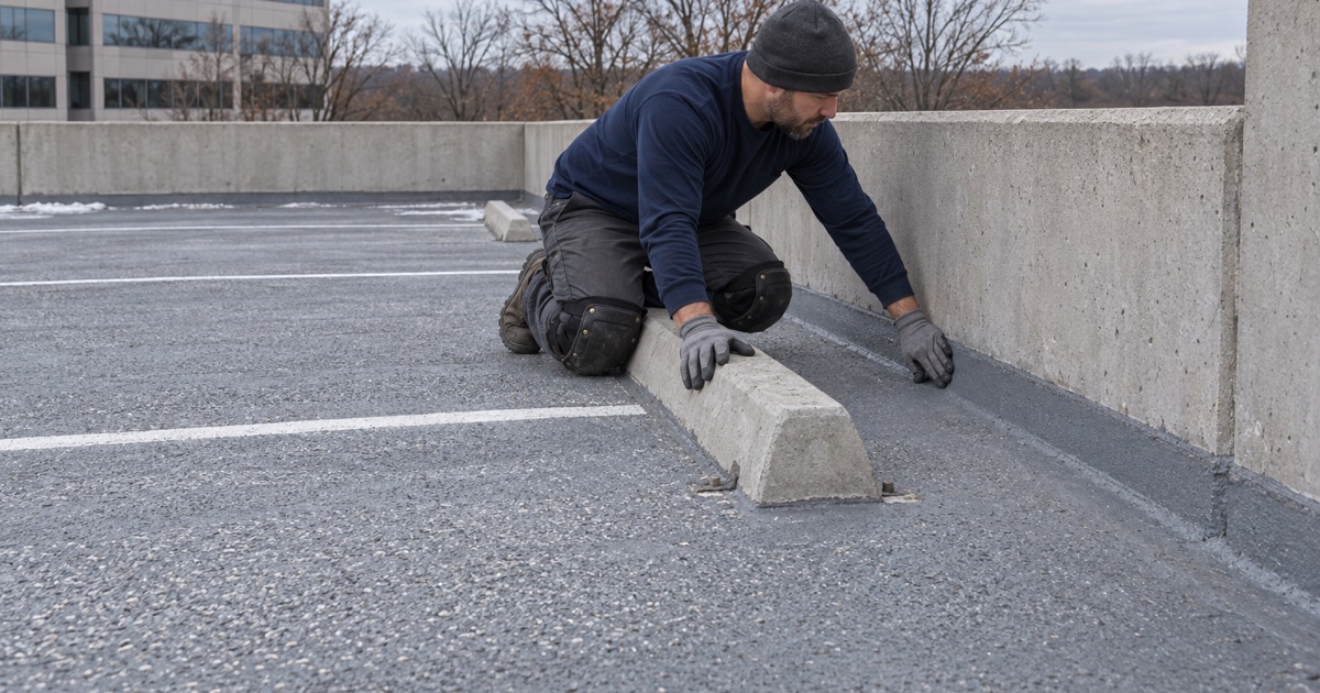 A crack-bridging traffic membrane built up thicker at the turn of a Warrenville office-park parking deck.