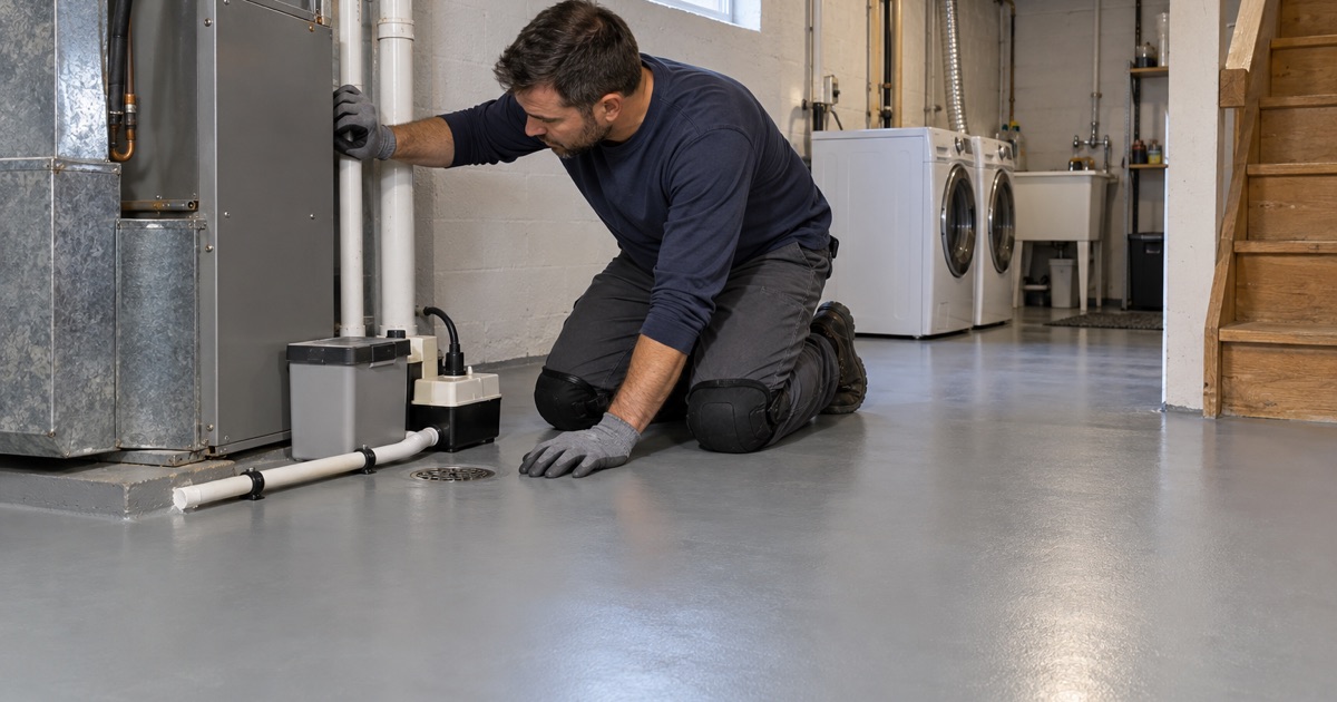A seamless sealed laundry-corner floor in a Winfield basement that cleans completely