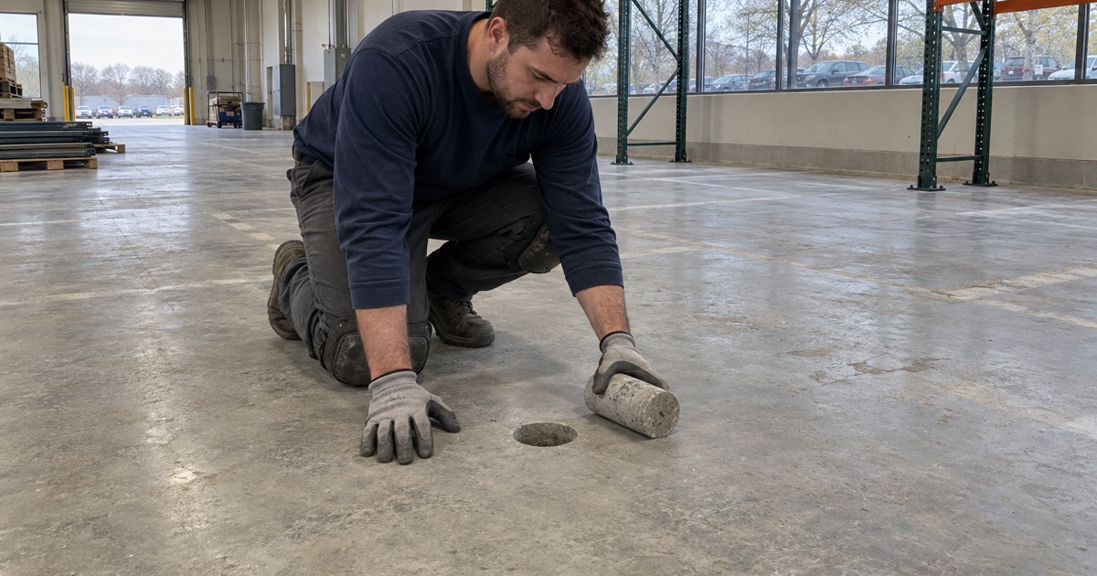 A concrete core drawn from the slab of a Wood Dale office building converted to industrial use, so the slab is known before it is coated.