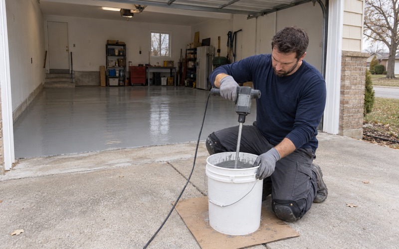 An epoxy base coat being mixed at the mouth of a Lombard split-level's garage, the first coat already rolled across the ground slab.