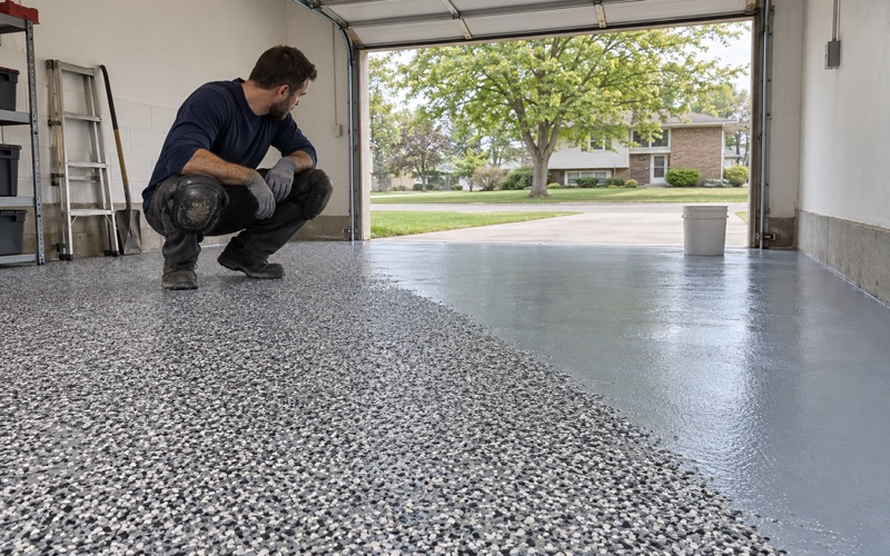 A dense gray, black and white flake broadcast settled across a Lombard split-level's garage floor, the blue-gray base coat still showing at the working edge.