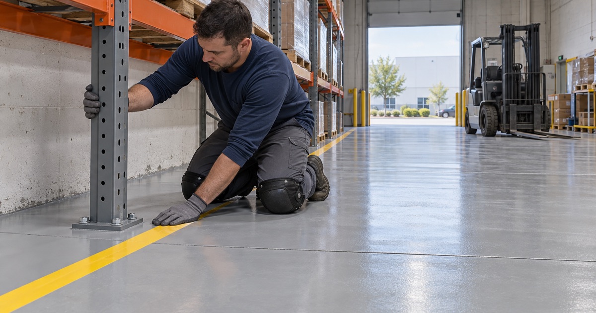 A heavy-build epoxy floor running to the base plates of pallet racking in a Lombard flex warehouse, a forklift parked down the aisle.