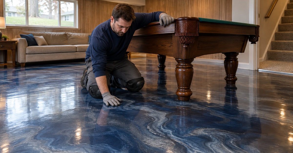 A deep blue and silver metallic epoxy floor under a pool table in the lower-level rec room of a Lombard split-level.
